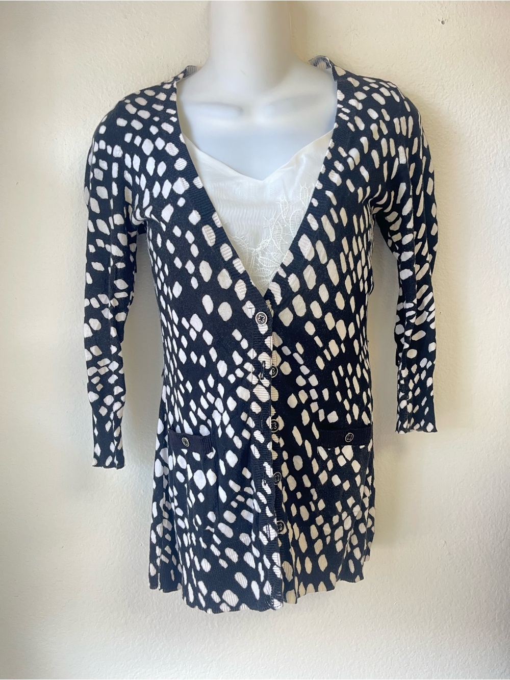 White House Black Market Black and White Abstract Spot Cardigan